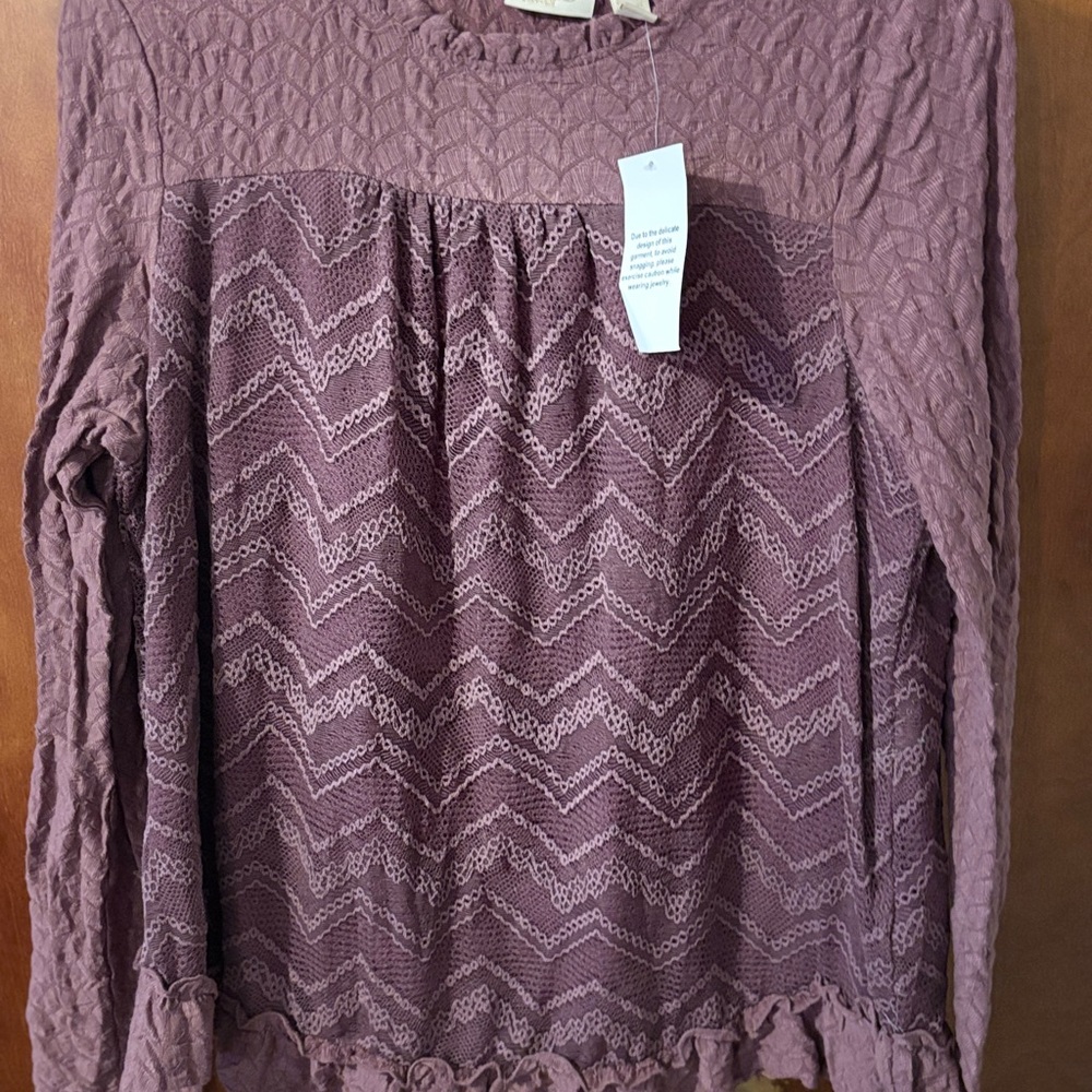 Logo Lavish Textured Lace Long Sleeve Blouse - Mauve